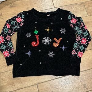 Holiday Time Christmas Sweater size L 12/14 Black Poinsettia Sequin Cowl Joy